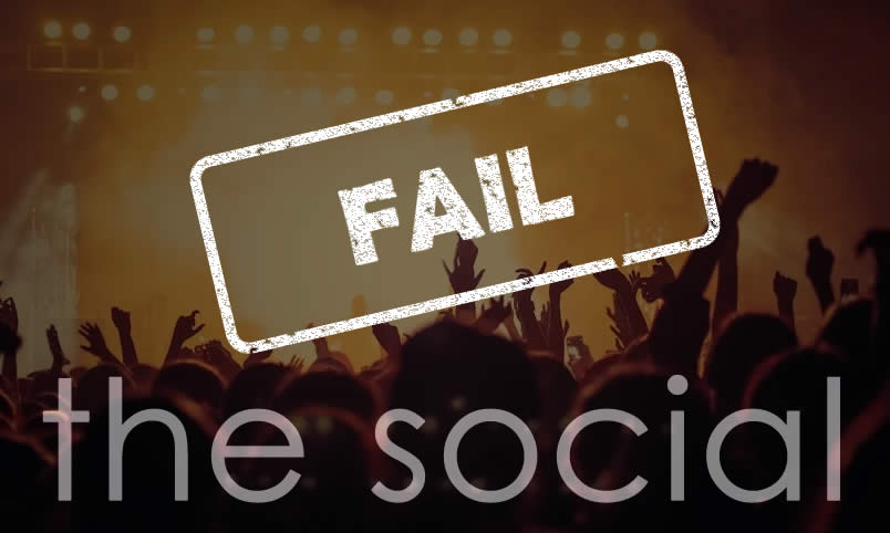 image of a rock concert audience in the background, waving their hands up, in the front the text "The Social" and the word Fail slapped over the foreground .